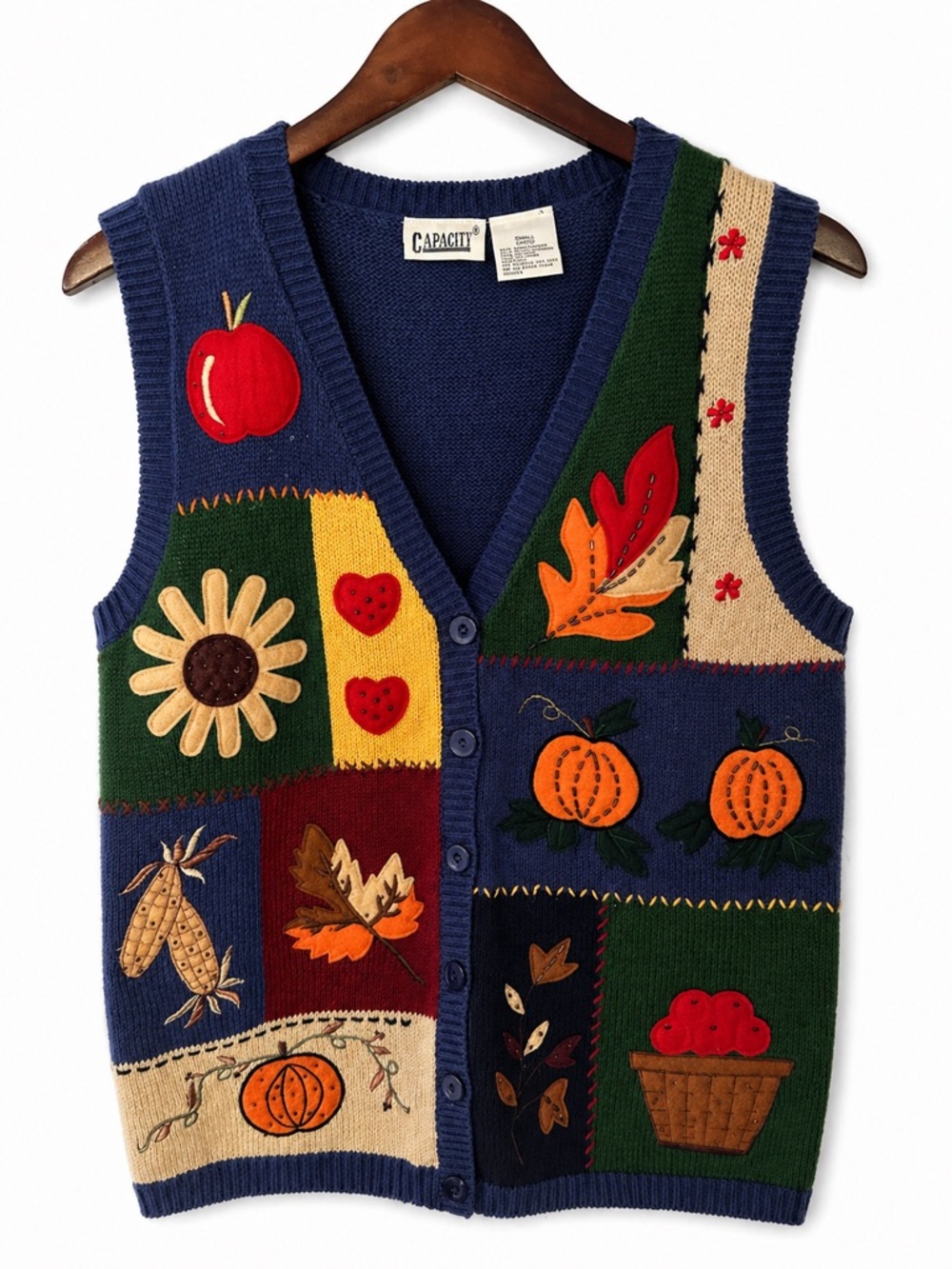 Navy Patchwork Fall Vest with Pumpkins & Leaves